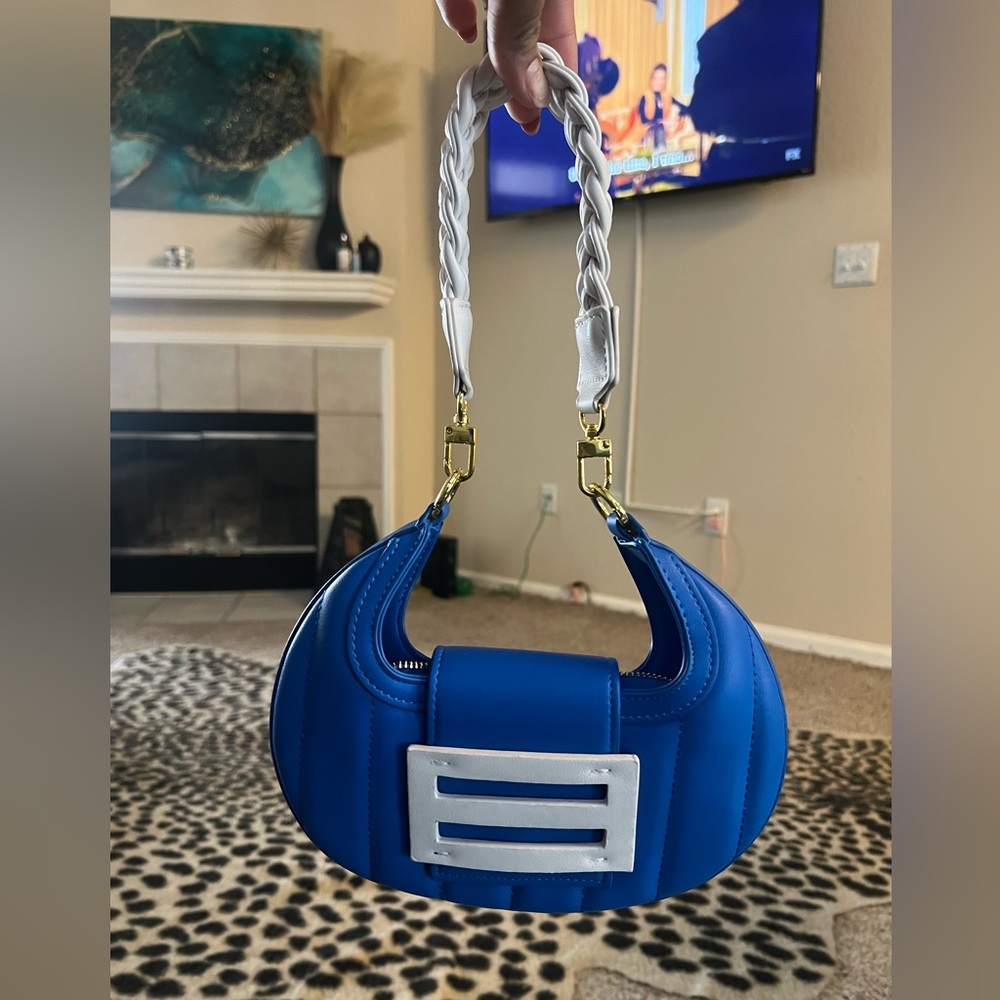 Blue and white purse